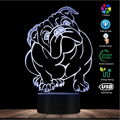 Ilusión 3D Luz nocturna Navidad Raza de perro Bulldog inglés Cambio de color Luz acrílica LED Bulldog británico USB Iluminación decorativa Lámpara de ilusión óptica 3D Niño