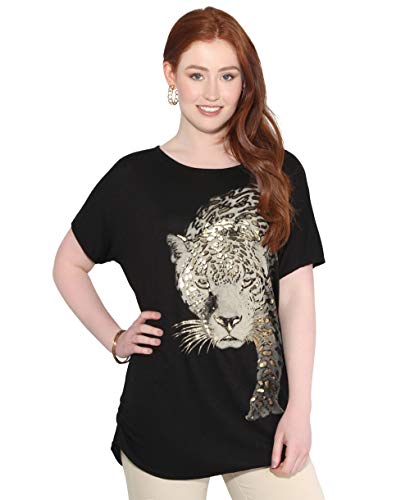 KRISP Camiseta Mujer Blusa Leopardo Top Brillante Camisa Casual Tallas Grandes, (Negro, 48 EU (20 UK)), 3277-BLK-20