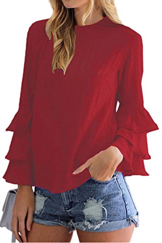 Mujeres Casual Camiseta con Volantes De Manga Larga Tunica Plus Size Top tee Red M