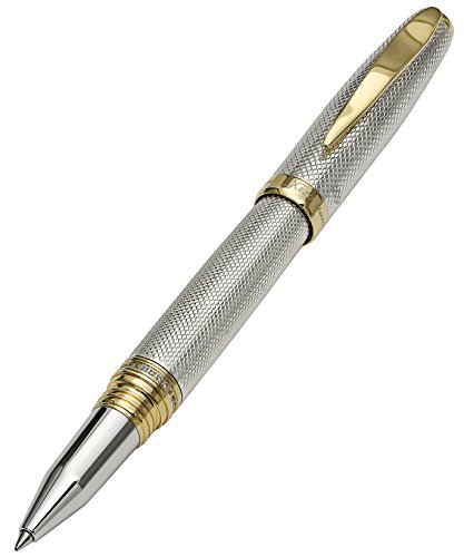 Xezo Maestro - Bolígrafo roller de punta fina de plata de ley maciza 925 con talla de diamante. Capuchón de rosca