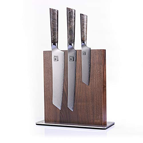 zayiko - Bloque magnético para cuchillos (sin cuchillos, madera de nogal, base de acero inoxidable, doble cara, para hasta 8 cuchillos)