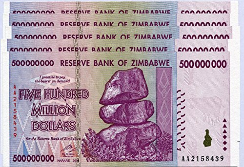 Zimbabwe 500 millones de dólares X 5 notas 2008 unc, mundo inflación Record, moneda billetes de banco