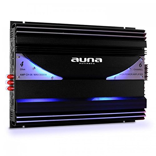 Auna AMP-CH06 Urban Edition - Amplificador para Coche HiFi, 5000W, 570W RMS, 6 Canales, Luz LED Azul, 3 Entradas RCA, Crossover, Ganancia Ajustable, Kit Completo de Montaje, Negro