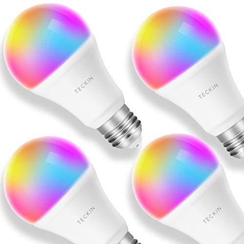 TECKIN Bombilla LED inteligente con Luz Cálida WiFi 2800k-6200k ajustable y lámpara multicolor Funciona conAlexa,Móvil Google Home, E27 equivalente 7.5W bombilla de cambio de color, 4 paquetes