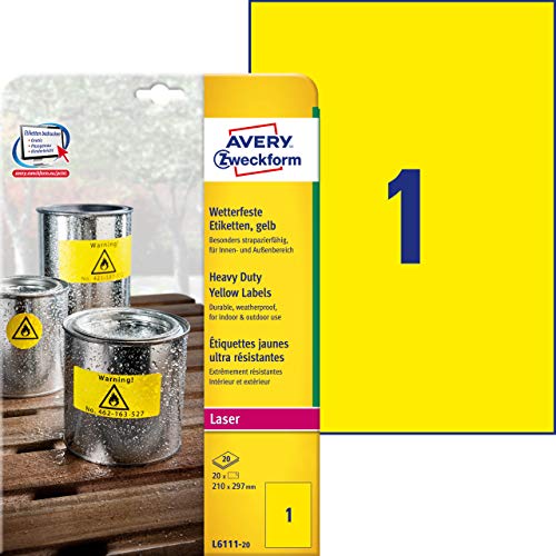 Avery España L6111-20. Caja de 20 etiquetas amarillo fluorescentes de poliéster