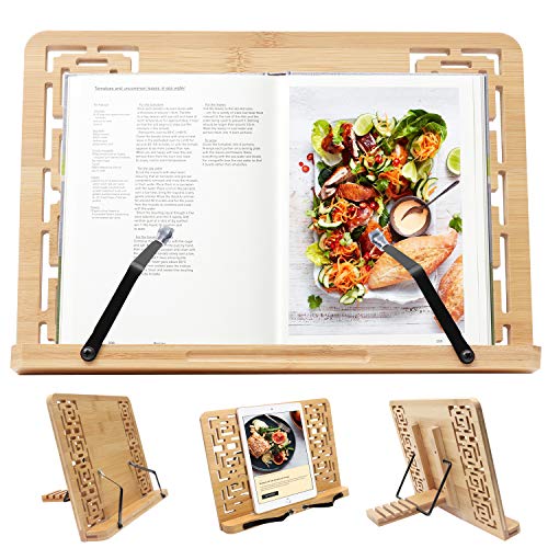 Kurtzy Bambú Atril para Libros - (33.5 x 24cm) Soporte para Libros de Cocina con 5 Alturas Ajustables - Plegable Soporte para Lectura Atril - Soporte Libros para Leer, Notas Musicales, iPad y Tablet