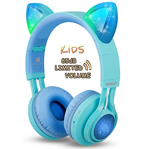 Riwbox CT-7S Auriculares Bluetooth con orejas de gato para niños, limitación de volumen a 85 dB, luz LED, inalámbricos y con micrófono para iPhone/ iPad/ Ordenador portátil/ Pc/ Televisión Azul verde