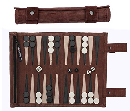 SONDERGUT - Backgammon de viaje en piel natural de alta calidad - color mocca
