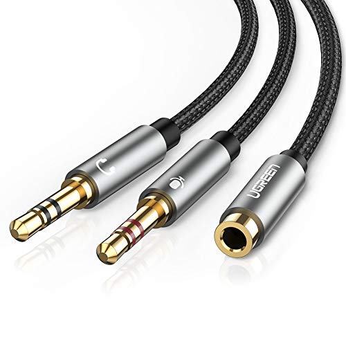 UGREEN Cable de Divisor de 2 Clavijas de Auricular/Micrófono Separadas 3.5mm Macho a Mic y Audio 3.5mm Hembra para Auriculares, Carcasa de Aluminio, Chapado en Oro (Negro)