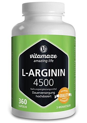 Vitamaze® L-Arginina 4500 mg altamente concentrada - 360 cápsulas para 3 meses - producto alemán de calidad - adecuado para las personas alérgicas