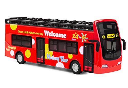 YIJIAOYUN Recorrido turístico Doble autobús Rojo de Juguete Juguete de aleación Diecast Techo Abierto Autobus Autobus Mold / 1:32 Escala Pull-Back Bus con Luces y música