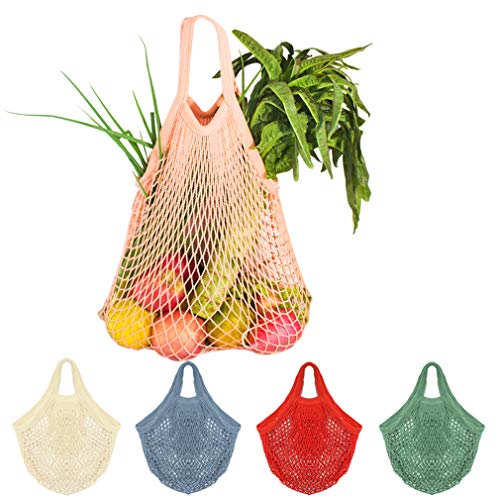 5 Bolsas de Malla Reutilizables Bolsa Rejilla para La Compra de Playa Algodón Bolsa Red con asa para Frutas Y Verduras En Forma de Red(5 Colores)