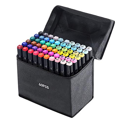 60 Colores Marker Pen Set Dibujo Rotulador Animación Boceto Marcadores Set con Estuche de Transporte para Dibujar Colorear Resaltar y Subrayar (60 Pcs)