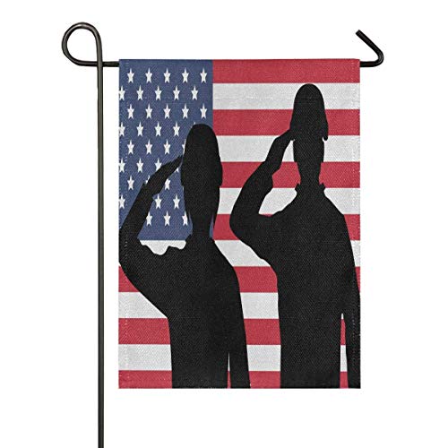 Bandera de arpillera para jardín de doble cara, diseño de soldados americanos Salute On USA. Bandera de yute en EE. UU.
