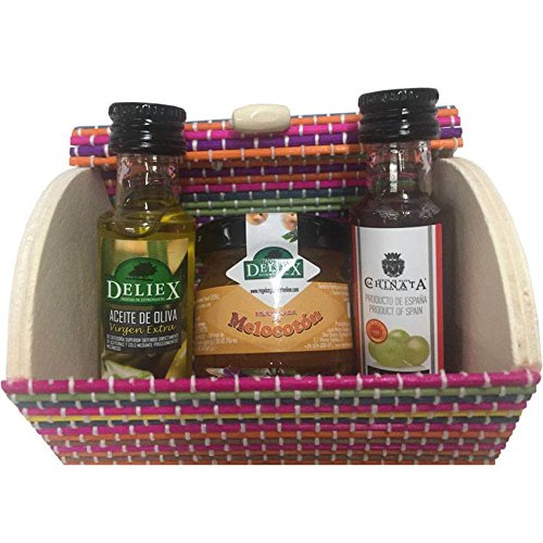 Baúl de madera multicolor con miniaturas de aceite, vinagre y mermelada para regalo (Pack 24 ud)