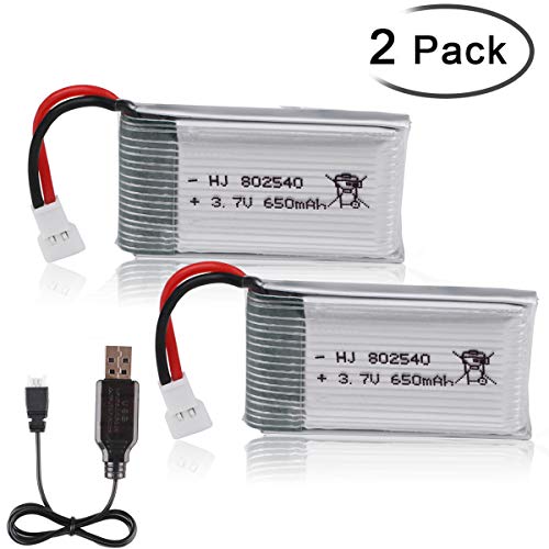 Crazepony-UK 2PCS 3.7V 650mAh Lipo Bateria with USB Charger for RC UAV Drone Vehicle Syma Heliway Skytech Cheerson MJX and 8520 Motors Battery