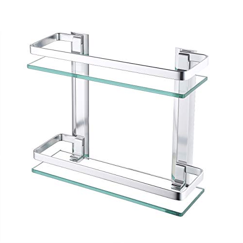 KES Estanterías para baño 35 x 12 cm (2 Pisos) Estante de Vidrio para Ducha, Vidrio Templado Aluminio Montado en la Pared, Plateado A4126B