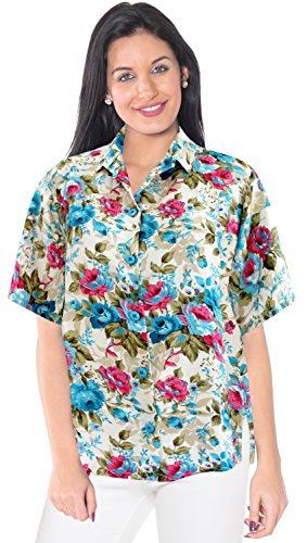 LA LEELA Casuales de señoras Floral Hawaiano de natación camise Camiseta de Manga Corta de Cuello Campo de Mujeres de la Tela de la túnica entrecortada Playa botón Likre Suave Blusa de Camisa Azul L