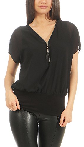 Malito Mujer Blusa Corta Bate Mirar Túnica Colores Lisos Camiseta 6298 (Negro)