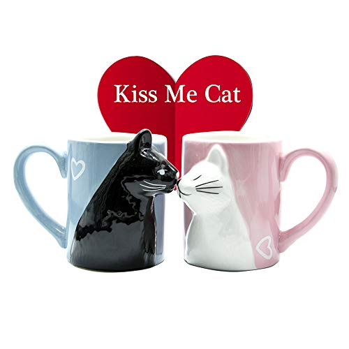 MengCat Gato Tazas de café par, Conjunto de Tazas de té de cerámica únicas, Taza de Boda para la Novia y el Novio,Beso Regalo a Juego para Aniversario, Compromiso, día de San Valentín, cumpleaños