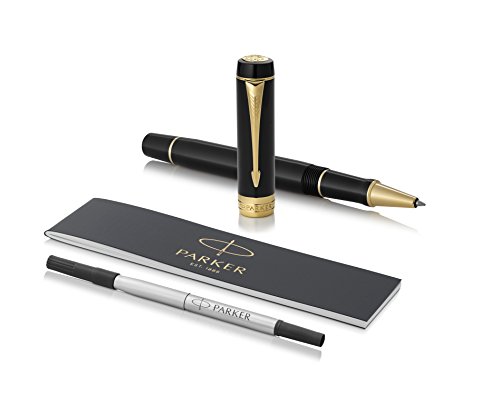 Parker Duofold Classic, bolígrafo roller de color negro con adornos bañados en oro, punta fina y tinta negra