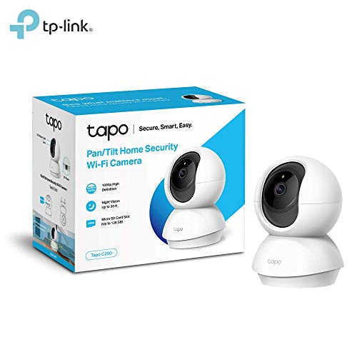 TP-Link - Cámara IP WiFi y webcam, admite tarjeta SD de hasta 128 GB, FHD 1080p con visión nocturna, cámara de mascota, detección de movimiento, audio de 2 vías, compatible con iOS/Android (Tapo C200)