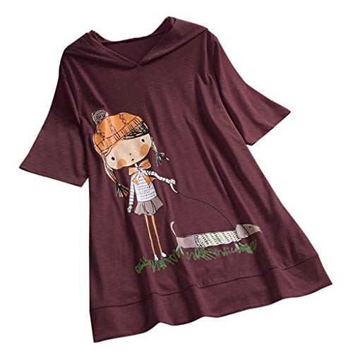 VEMOW Camiseta de Manga Corta con Capucha y Estampado de Dibujos Animados Casual para Mujer tamaño Extra Top Blusa(marrón,XL)