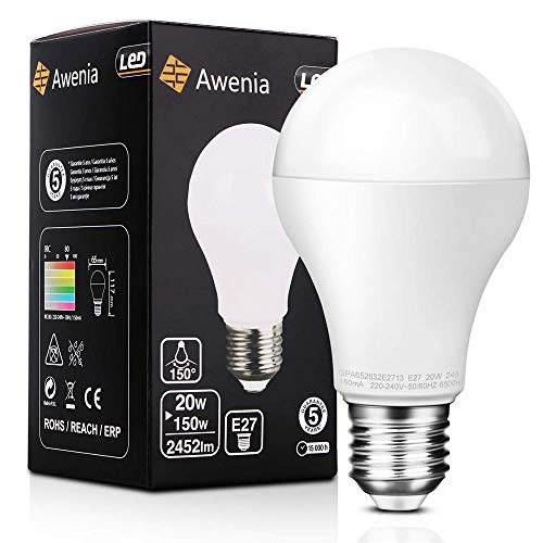 Awenia Bombilla LED Esférica E27 20W (Equivalente a 150W), Luz LED 6500K 2452 Lúmenes Blanco Frío,1 Pack