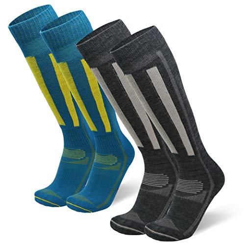 Calcetines Térmicos de Esquí de Lana Merino 2 Pares (Multicolor: 1 x Gris Oscuro, 1 x Azul/Amarillo, EU 39-42)