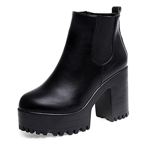 Calzado de Mujer, Plataformas de tacón Cuadrado Cuero Muslo Alta Botas de la Bomba Zapatos (37, Negro)