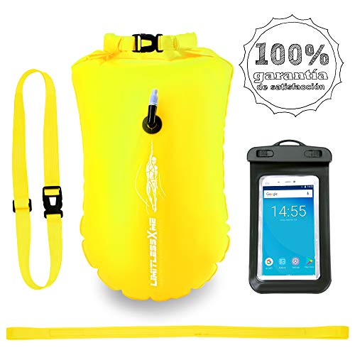 LimitlessXme Boya De Natación Amarilla con Bolsa Seca Plus Bolsillo Impermeable Celular. Visibilidad y Seguridad al Nadar en el mar y en el Lago
