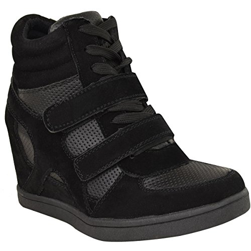 Nuevo Mujer Hi Top Plataforma Zapatillas Zapatillas Deporte Botines - Negro Ante Artificial / Piel Sintética, 36