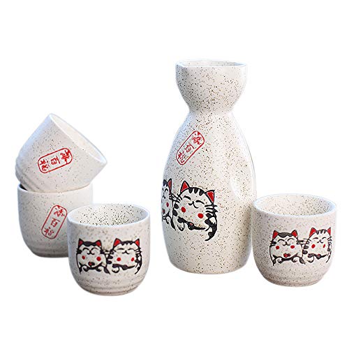 Panbado Juego de Sake de 5 Piezas de Gres, Conjunto Tradicional Japonés con 1 Botella de Sake y 4 Sake Cups de Cerámica, Estilo Japonés, Mejor Regalo de Cumpleaños, Navidad, San Valentín - Gato