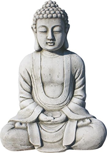AnaParra Estatua Buda Tissa del Éxito Figura Decorativa para Jardín o Exterior Hecho de Piedra Artificial | Figura Buda 38cm, Color Natural Musgo