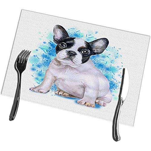 Beryl Shop Juego de 6 tapetes de Mesa de Cocina Retrato de Acuarela de Perro de Raza Bulldog francés Blanco y Negro Alfombrillas de Mesa Resistentes a Las Manchas Azules