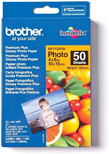 Brother BP71GP50 - Pack de 50 Hojas de Papel Fotográfico Glossy Premium 10 x 15 (260 g/m2), Color Blanco