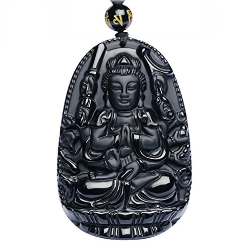 Collar con colgante de Buda Bodhisattva; amuleto, talismán.  Hecho con gemas de obsidiana.