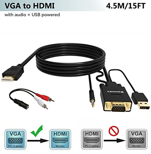 FOINNEX VGA a HDMI 4. 5M/Metros,Adaptador/Convertidor Cable con Audio,(Conversor de PC Antigua a TV/Monitor con HDMI Hembra Conector) Activo Hacer Cable VGA a HDMI Macho