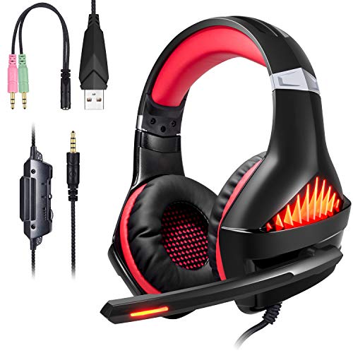 Samoleus Gaming Auriculares con Microfono, Cascos Gaming PS4 PC Xbox One, Cascos Gamer, Headset Cascos Jack 3.5mm, Luz LEDcon Switch, PC, Laptop,Playstation 4 (Upgraded Red)