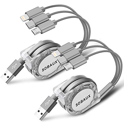SDBAUX Cable de Cargador Retráctil Múltiples,3 en 1 USB 2Pack/1m Cable de Carga con Phone Tipo C Micro USB Compatibles con Teléfonos Celulares Tabletas Uso Universal(Solo Carga)
