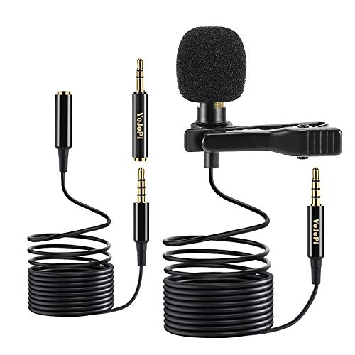VoJoPi Microfono Solapa, Omnidireccional Lavalier Micrófono de Condensador con 2 m Audio Cable Extensión, Microfono Movil para Podcast/Grabación Entrevista/Videoconferencia/Dicción de Voz/Movil