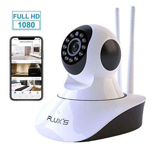 Camara IP WiFi de Interior FLUX'S, Cámara de vigilancia WiFi FHD 1080p, con Vision Nocturna, Detección de Movimiento, Audio Bidireccional, Seguridad para Mascotas y Bebés, Compatible con iOS/Android