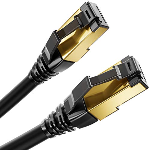 deleyCON 15m CAT8 Cable de Red Cable de Conexión RJ45 LAN Cable DSL Libre de Halógenos F/FTP Blindaje 2000MHz 40Gbit Cat.8 Cable Ethernet Conector RJ45 Dorado - Negro