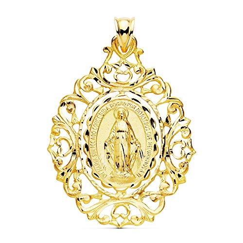 Medalla Oro 18K Virgen Milagrosa 46mm. Borde Motivos Tallados [Ac1016]