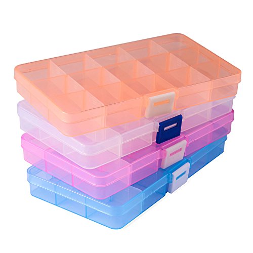 Opret 4 Pack Caja de Almacenamiento Caja Compartimentos de Plástico (15 Compartimentos) con Separadores Ajustables Organizador de Joyería Contenedor de Herramientas