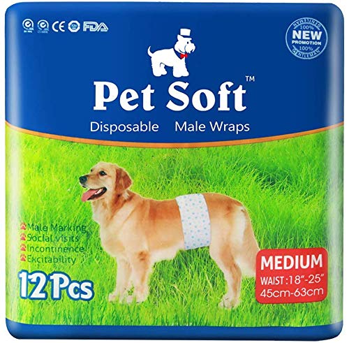 Pet Soft Pañales para Perros Desechables Paños para Perros machos Pañales para Mascotas Suaves absorbentes Super M 12count (18'-25')