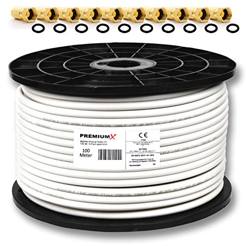 PremiumX 100m 135dB cable coaxial satelital cobre puro digital profesional Full HD Ultra HD 4K 4 veces protegido para sistemas DVB-S / S2 DVB-C DVB-T y BK + 10 enchufes F con anillo de goma