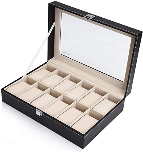 Readaeer Caja para 12 relojes con tapa de cristal, piel sintética, color negro