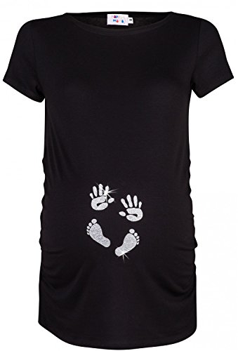 Happy Mama. para Mujer Camiseta premamá T-Shirt Estampado pies Manos bebé. 013p (Negro & Plata, EU 40/42, L)