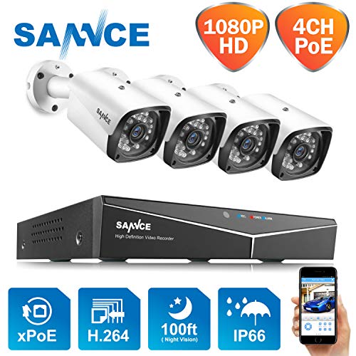 SANNCE XPOE Kit de Seguridad 1080P 4CH NVR sin Disco Duro de Vigilancia y 4 IP Sistema Cámaras de Vigilancia IP66 Impermeable Visión Nocturna 30m -sin HDD